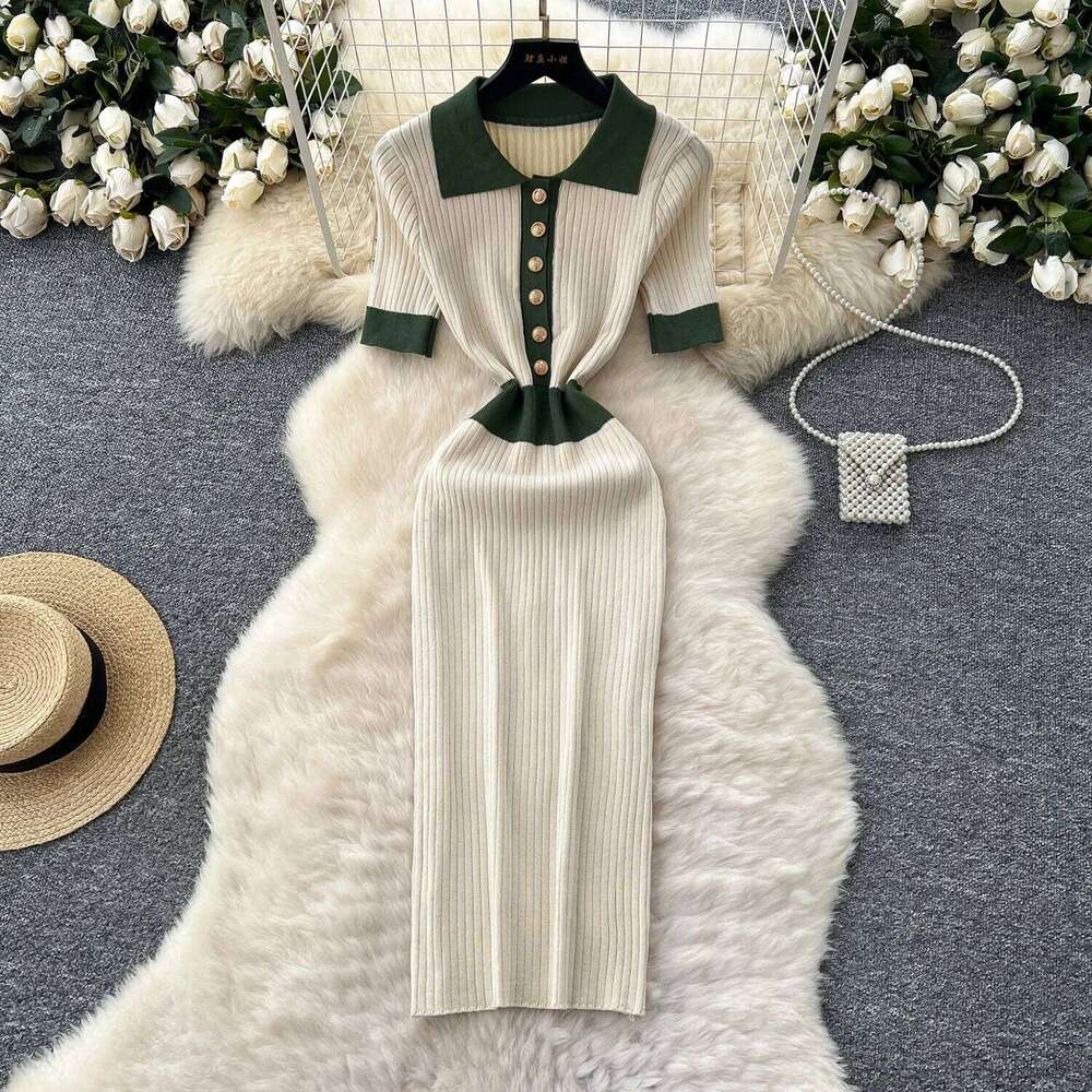 REALEFT Short Sleeve Polo Collar Patchwork Knitted Dress for Women 2025 New Spring Summer Buttons French Style Women's Dresses XJ260225