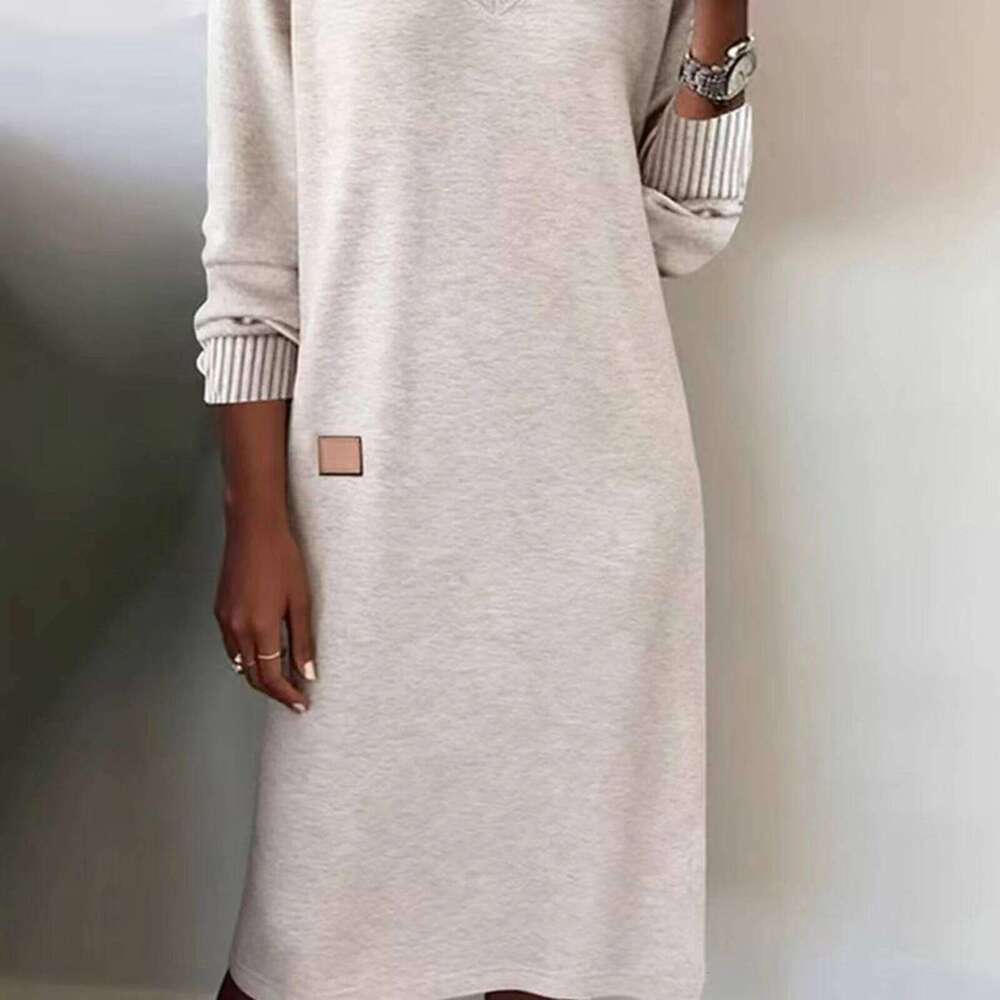 Women Daily Life Lady V Neck Long Sleeve Solid Color Casual Style Female Leisure Loose Fitting Elastic Cozy Dress XJ260225