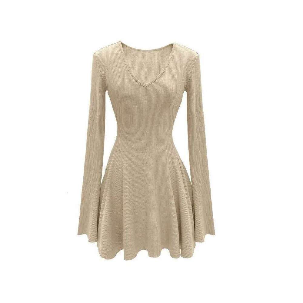 French Style V-neck A-Line Mini Dress Long Sleeve Knitted Slimming Women's Clothing Soft Sexy Vibe Waist-Defining Autumn Winter XJ260225