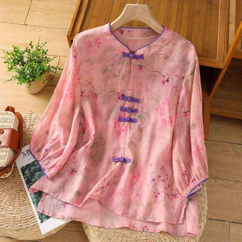 Designer Clothing Ramie Women's Top, Summer New Chinese-Style Improved Shirt, Vintage Stand-Up Collar, Buttoned Pullover, Three-Quarter Sleeve Bl