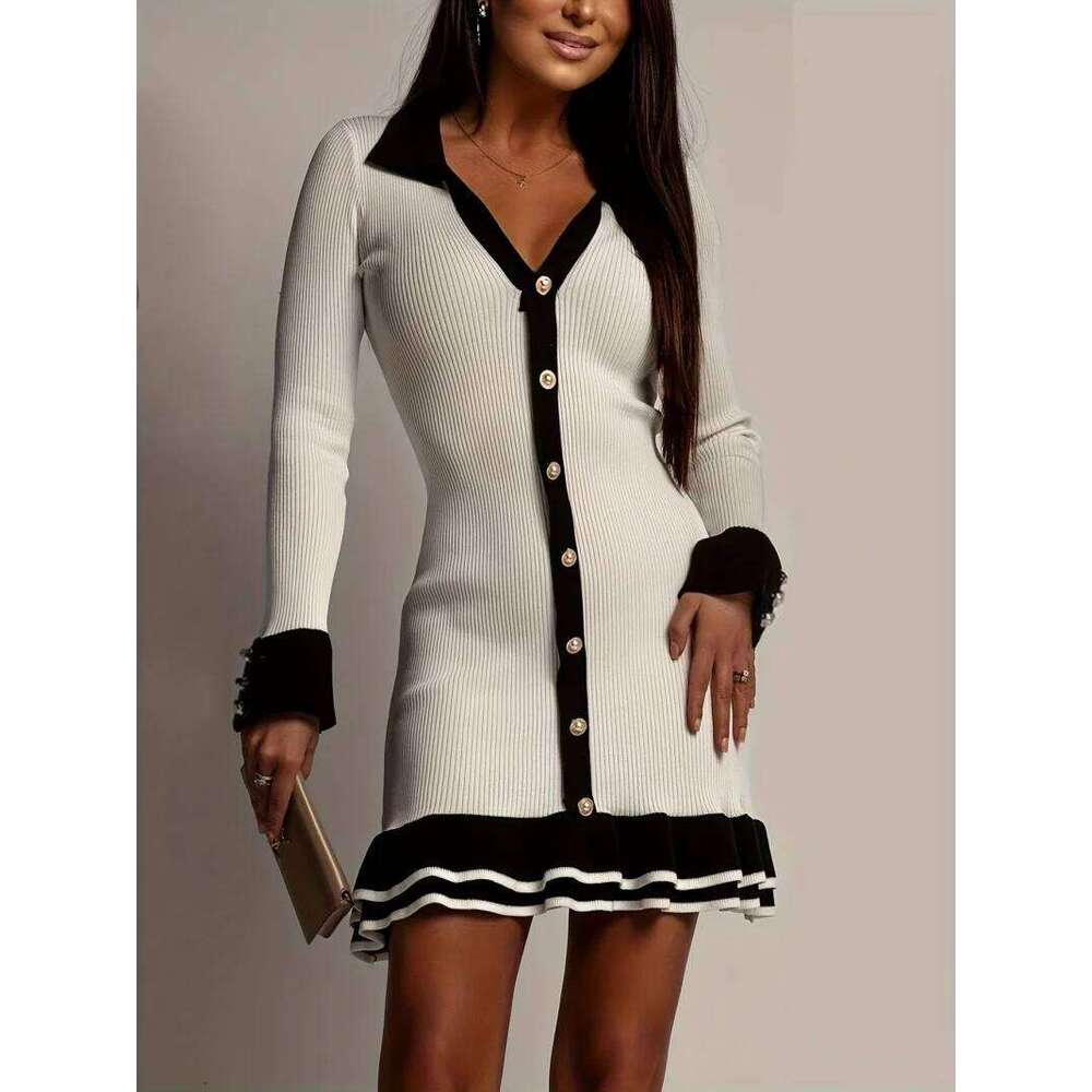 Elegant Colorblock Knitted Sweater Spring Clothes Women Long Sleeve Hem Ruffle Mini Dresses Female Slim Fit Knitting Dress XJ260225