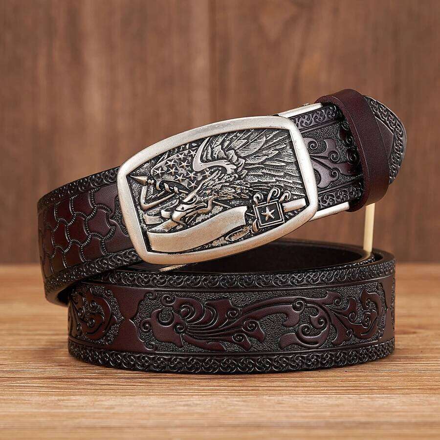 3.5cm New Eagle Pattern Split Quality Alloy Automatic Buckle Wasitbad Strap Genuine Leather Gift Belt Men Y260225