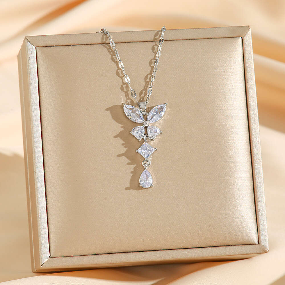 Tassel-style Full-diamond Butterfly Necklace For Women Non-fading Zircon Pendant Light Luxury High-end Collarbone Chain Jewelry