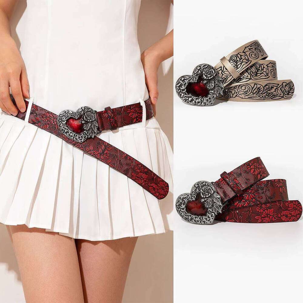 Women's casual y2k multi-color heart-shaped carved buckle flower embossed dress jeans versatile decorative belt suitable Y260225