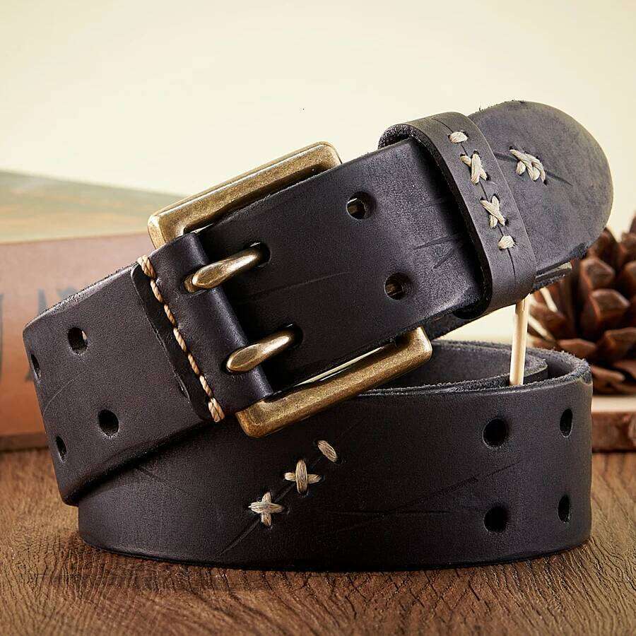 3.8CM Real Genuine Leather Luxury Designer Brass Double Pin Buckle Belts Pure Cowskin Vintage Strap Male Jeans Belt for Men Y260225