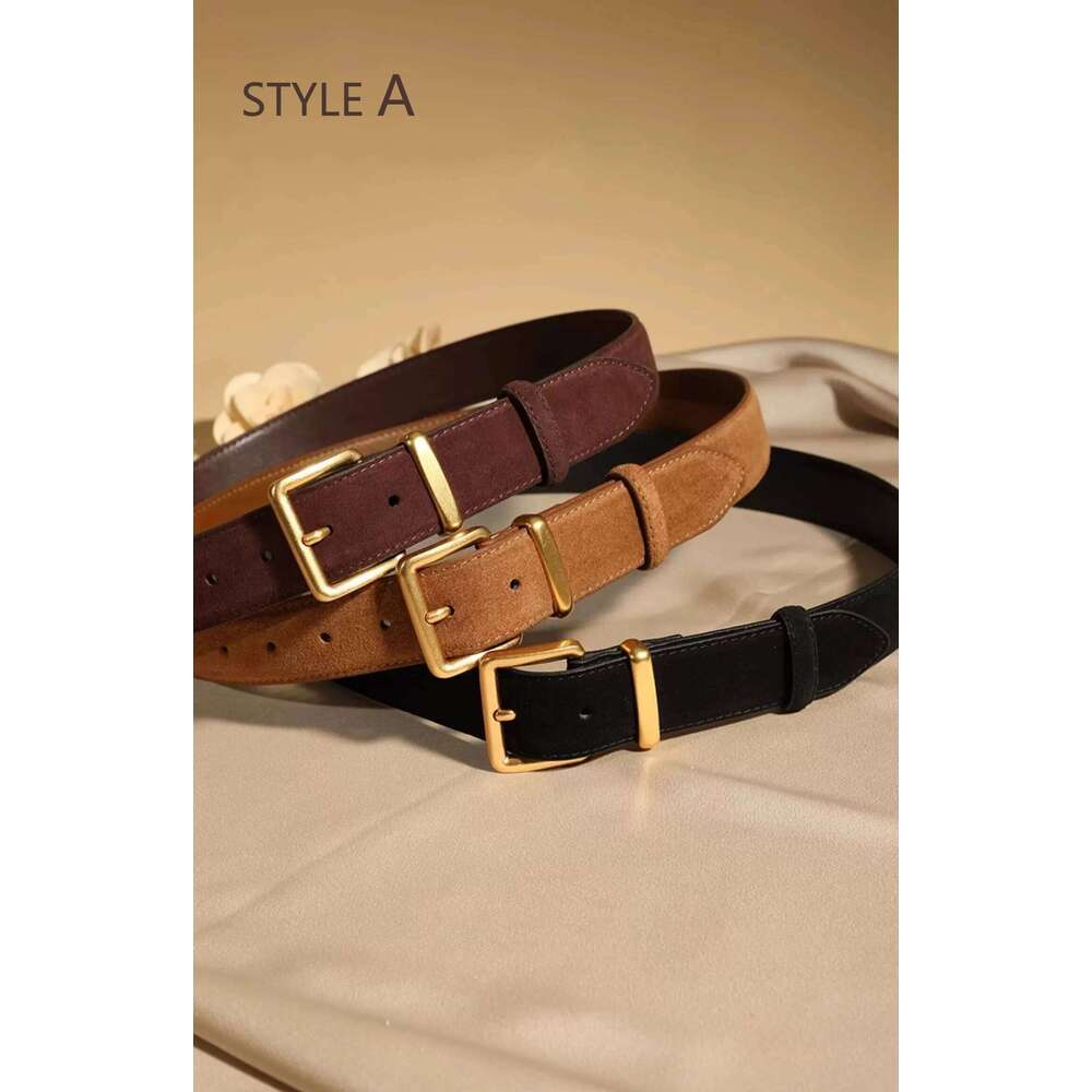 Luxury Suede Cowhide Leather Belt Women, Vintage Style with Gold Buckle, 3.3cm Wide Waistband for Dresses & Jeans Y260225