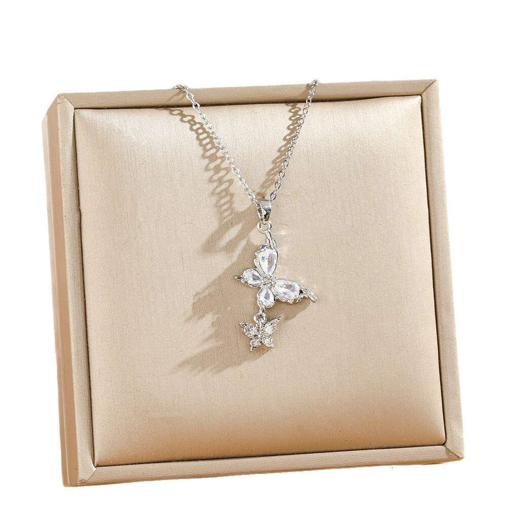 Light Luxury Double Butterfly Titanium Steel Necklace For Women Cross-border Full Diamond Inlaid Zircon Chain