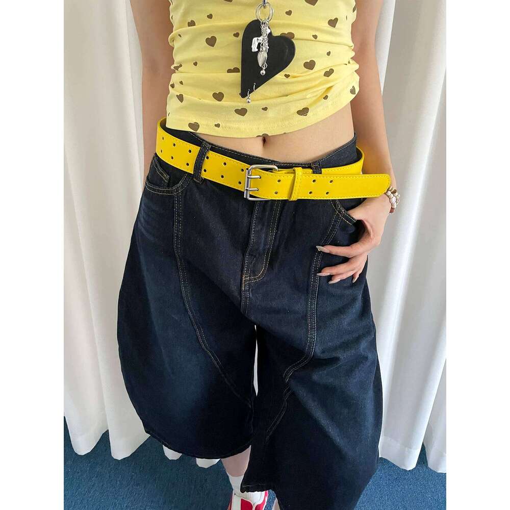 Wide Design Sense Y2K Double-Breasted Yellow For Women Skirt Jeans With Waistcoat Decoration Versatile Belt Y260225