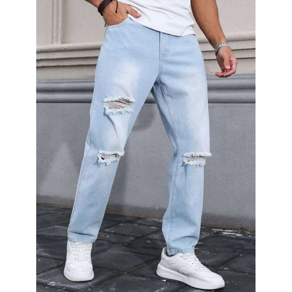 2026 New Men's Light Blue Jeans for Spring and Autumn. Denim Trousers. Street Ripped Daily Casual Q260225