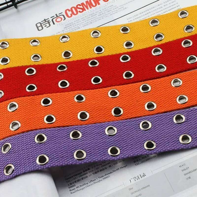 Fashion Wide Canvas Belts Casual Double Hollow Hole Buckle Belt Adjustable Solid Color Waist Strap For Women Men Students Jeans Y260225