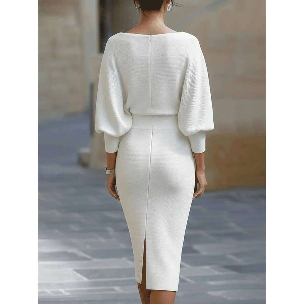Elegant White Cowl Neck Midi Dress - Long Sleeves Bodycon Fit Perfect for Office Party Wedding XJ260225