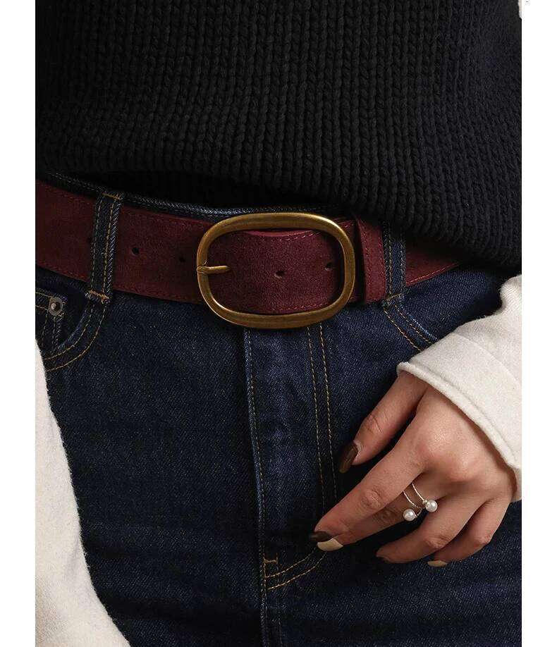 Trendy 45mm Wide Women Genuine Leather Classic Gold Buckle Skinny Waistband Vintage Suede Cowhide Belt for Dresses & Coat Y260225