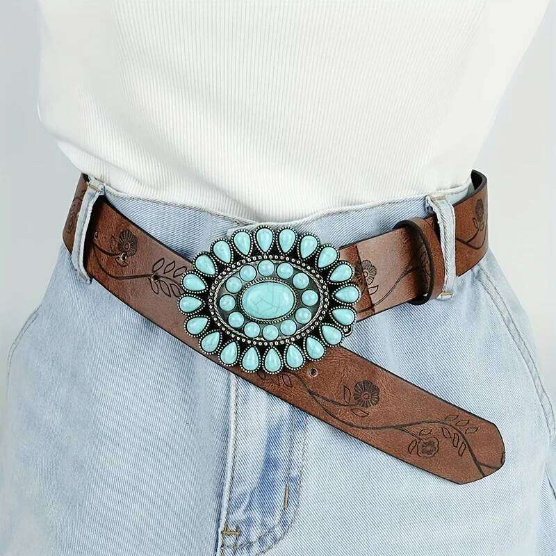 Ladies wear the classic Western belt, brown embossed PU leather, bohemian style oval turquoise buckle belt Y260225