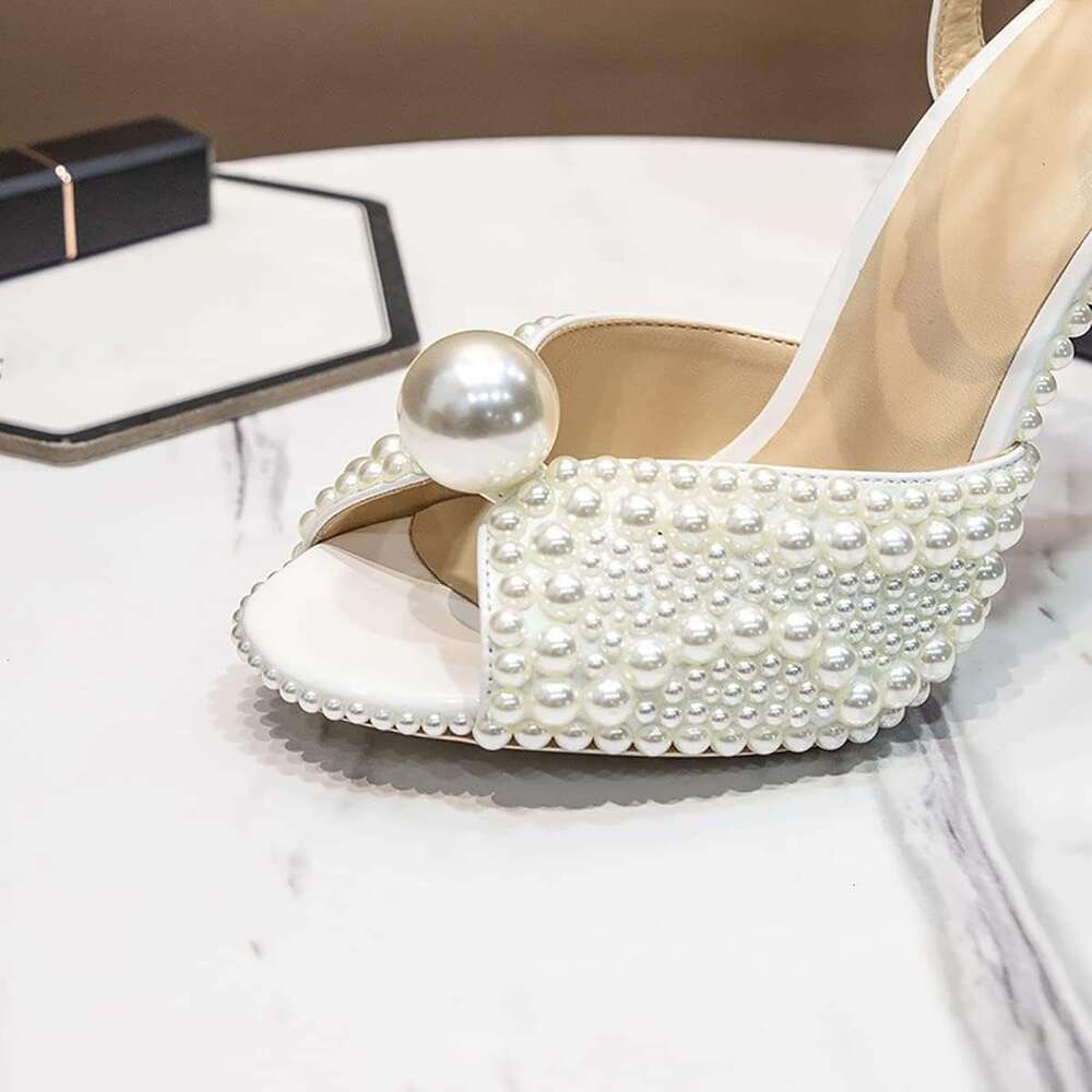 Womens Peep Toe Stiletto Heeled Sandals Shiny Pearl Buckle Ankle Strap Wedding Pumps Dress Evening Bride Bridal Shoes