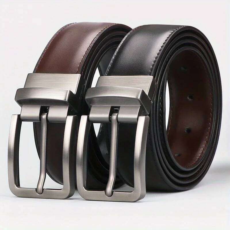1pc Men's Leather Reversible Belt, Rotate Black Buckle Y260225