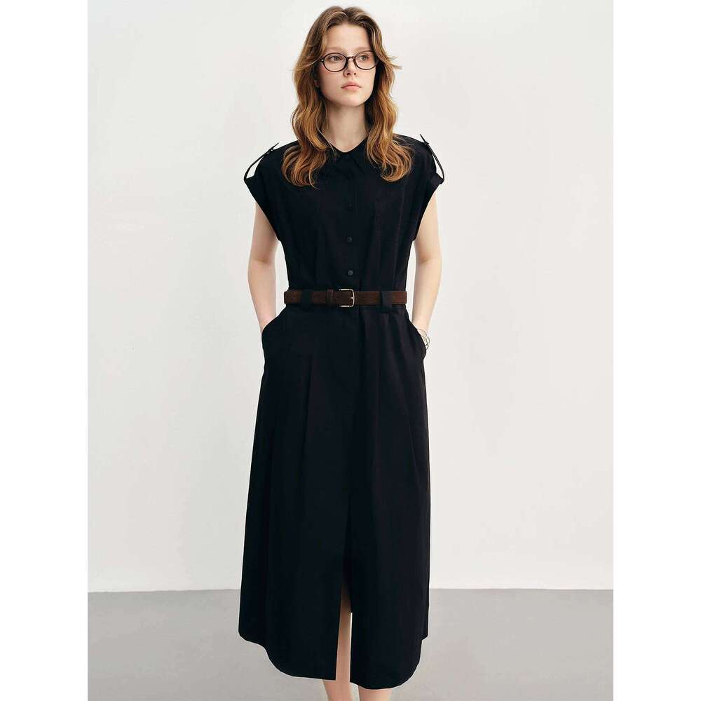 DUSHU Summer 2025 Sleeveless Shirt Dress - Drop Shoulder Tucked Pleats Draped Waist Flattering Cut Office to Outing XJ260225