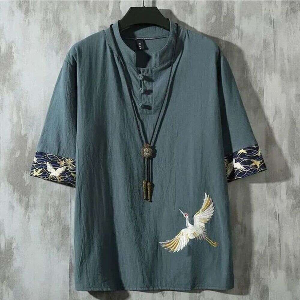 Men's Short sleeve New Chinese Style Embroidered Cotton Linen Top Loose Fit Stand Collar With Frog Buttons And Crane Embroidery Comfortable Soft - view 6