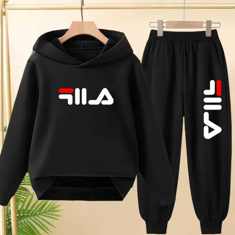 Casual Kids' Tracksuit Set - Black Hooded Top & Cuffed Joggers with Vertical Print for School & HomeT260225
