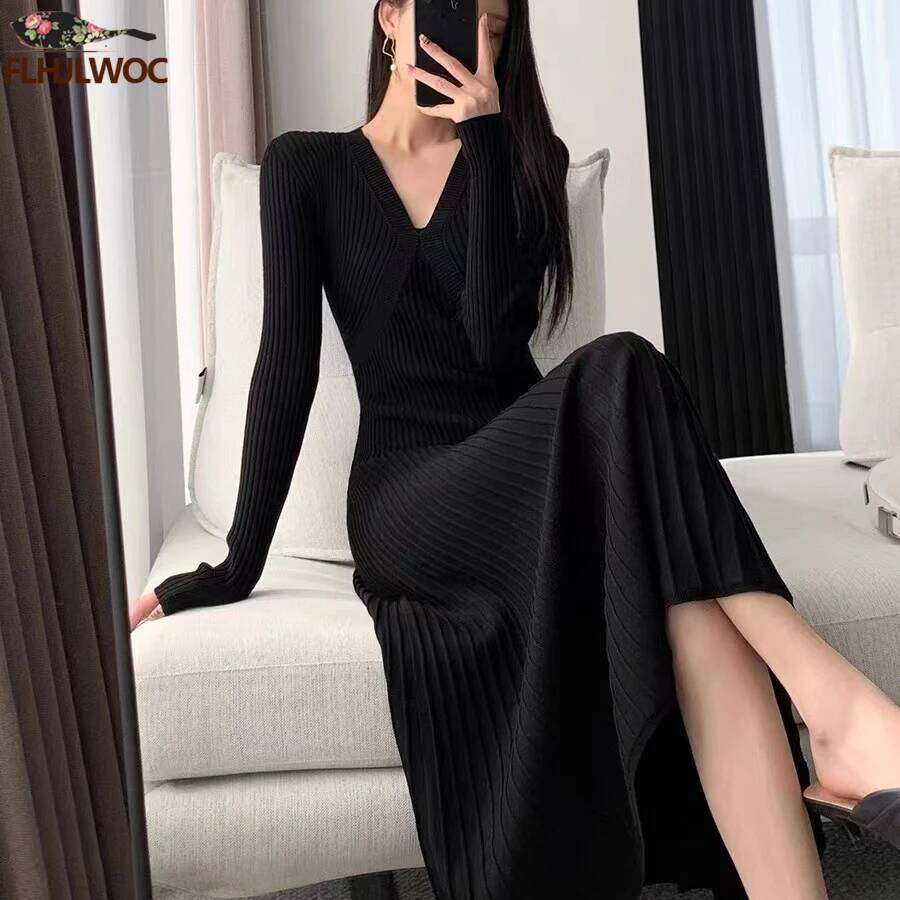 Winter Spring Basic Wear Women New Year Red French Style Design Slim Fit A Line V Neck Knitted Sweater Dress Long Maxi Vestidos XJ260225