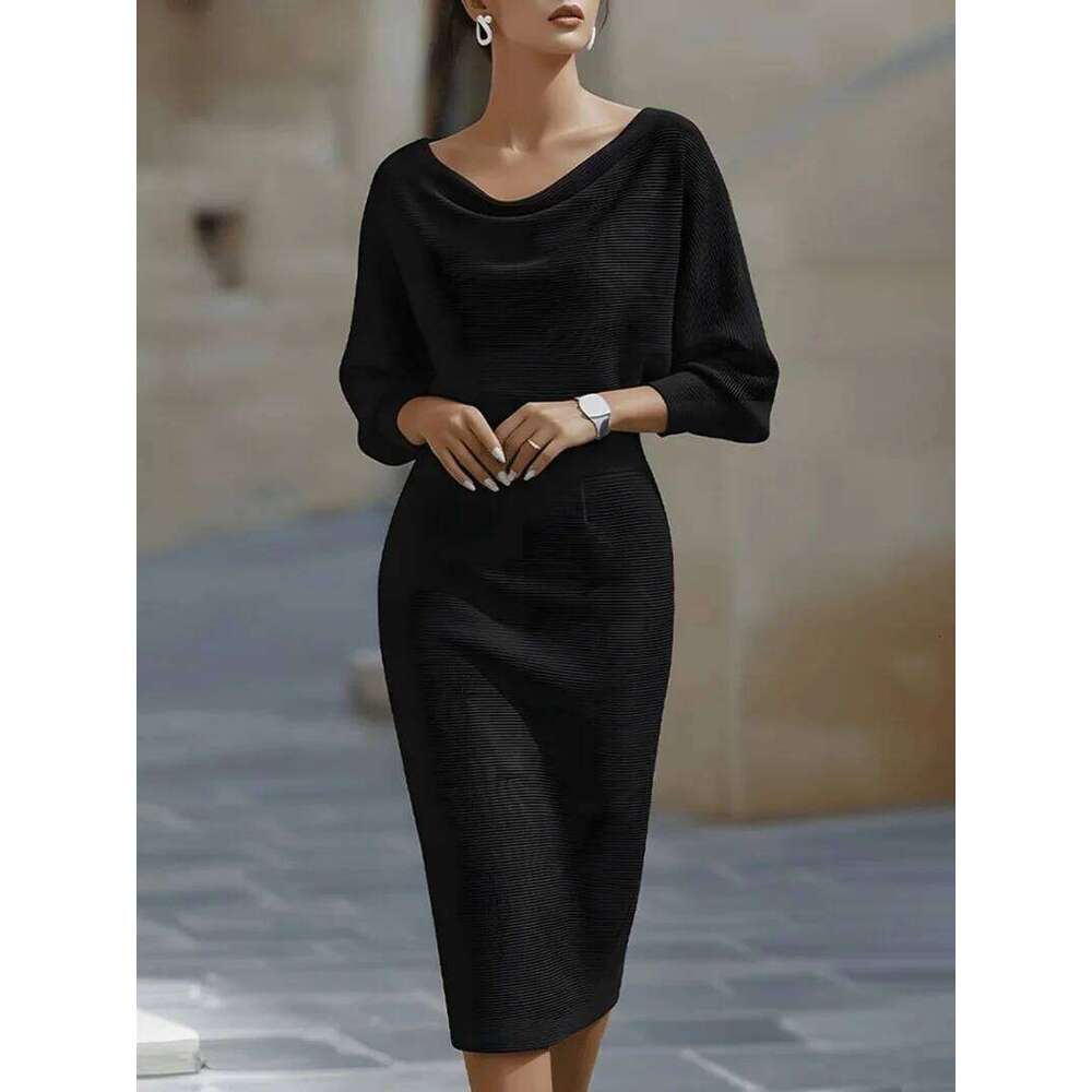 Elegant White Cowl Neck Midi Dress - Long Sleeves Bodycon Fit Perfect for Office Party Wedding XJ260225