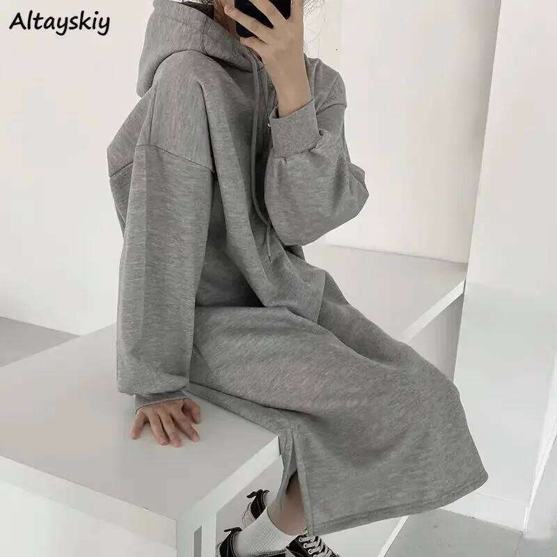 Hooded Dresses for Women Autumn Winter Baggy Plus Velvet Sporty College Midi Simple Korean Style Basic Young Fashion Vestidos XJ260225