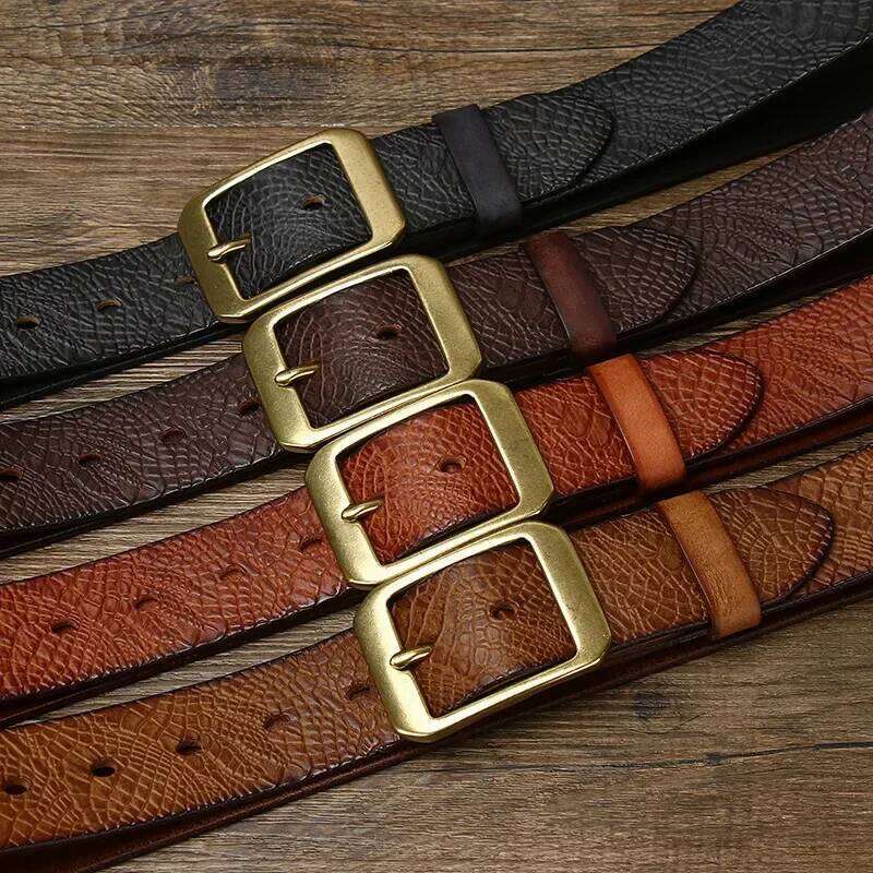 3.8CM Pure Cowhide High Quality Genuine Leather Belts for Men Brand Strap Male Brass Buckle Fancy Vintage Jeans Cowboy Cintos Y260225