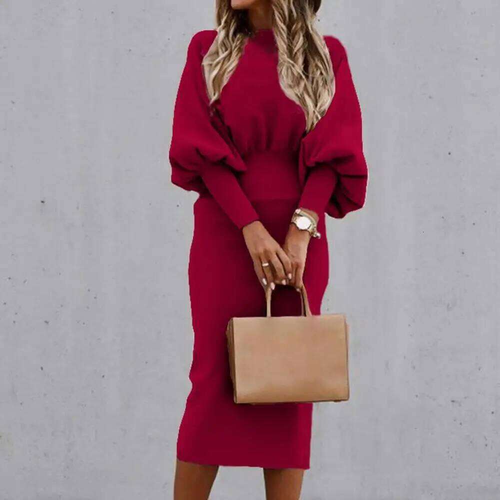 Crew Neck Elegant Lantern Sleeve High Waist Women Bodycorn Autumn Winter Office Ladies Midi Dress XJ260225