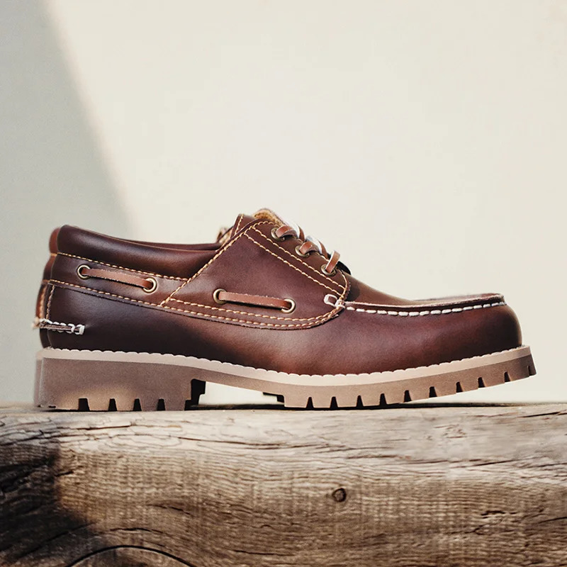 Maden Mens Vintage Split Leather Boat Shoes Lace-up Round Toe Derby Shoes Low Top Boots British Style Classic Work Dress Shoes 260130 - view 6