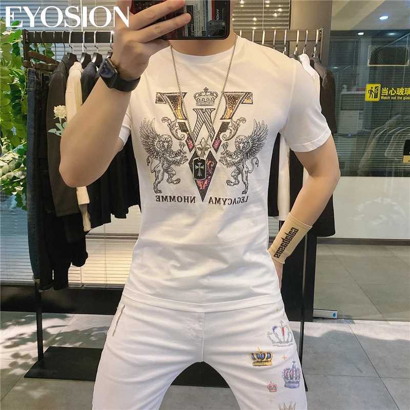 Men's Lion V-letter Rhinestone T-shirt Summer Cotton Casual Short Sleeve Plus SizeT260225