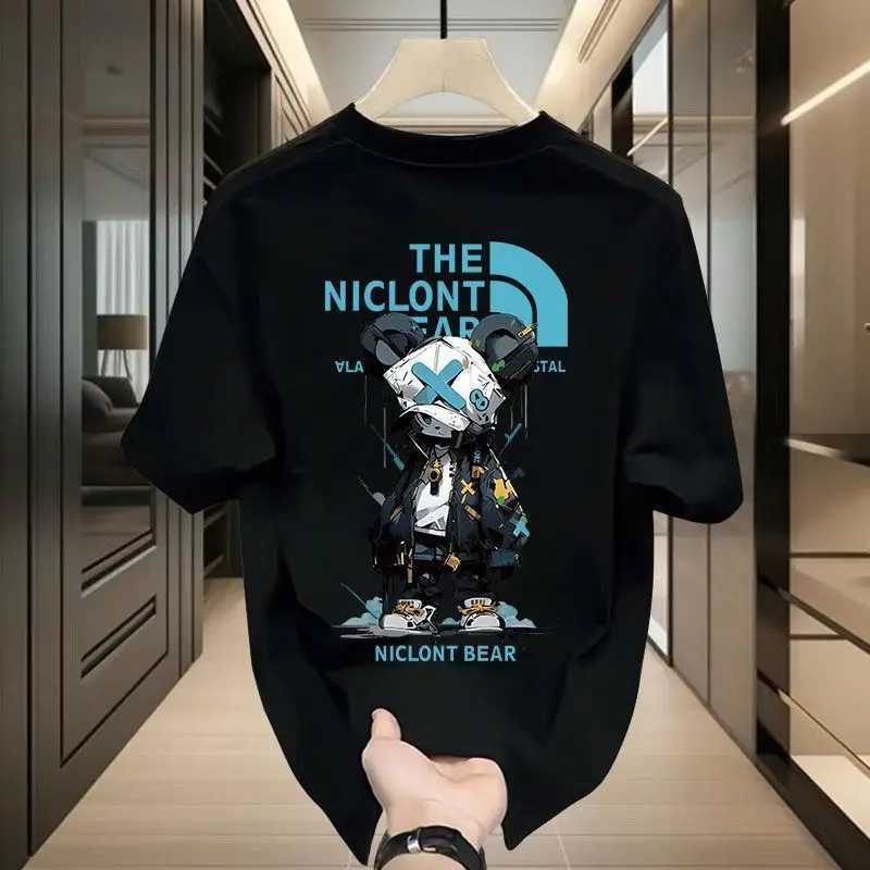 Men's Cyber Mechanical Bear Print T-shirt Cotton Loose Crew Neck Short SleeveT260225