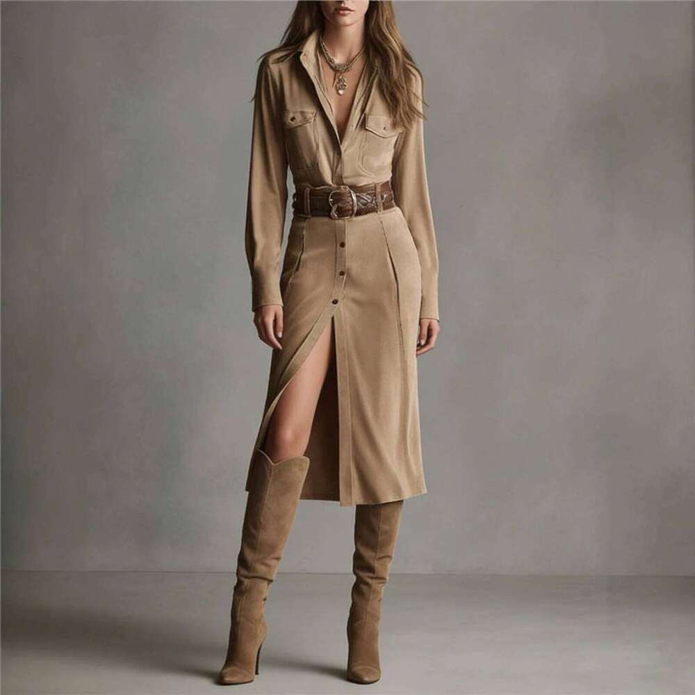Solid Color Suede Temperament Mid Length Buckled Shirt Collar With Waistband Spring And Autumn Women'S Dress XJ260225