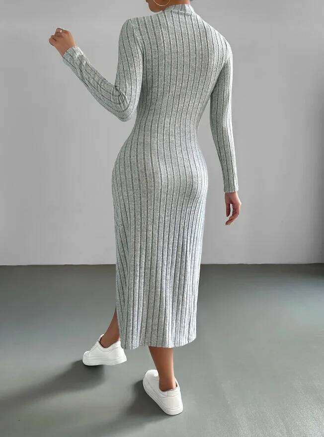 Women's 2024 autumn new casual mid length dress, European and American slim fit solid color knitted long sleeved dress XJ260225