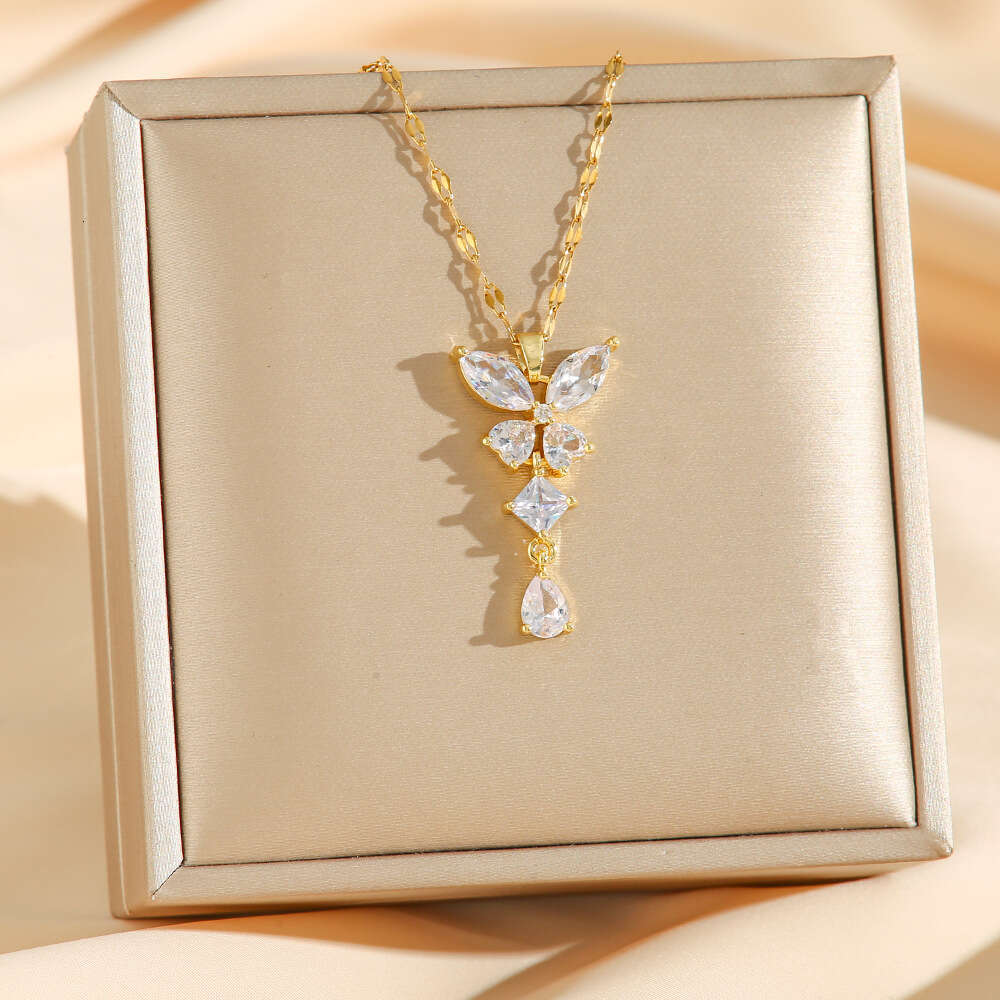 Tassel-style Full-diamond Butterfly Necklace For Women Non-fading Zircon Pendant Light Luxury High-end Collarbone Chain Jewelry