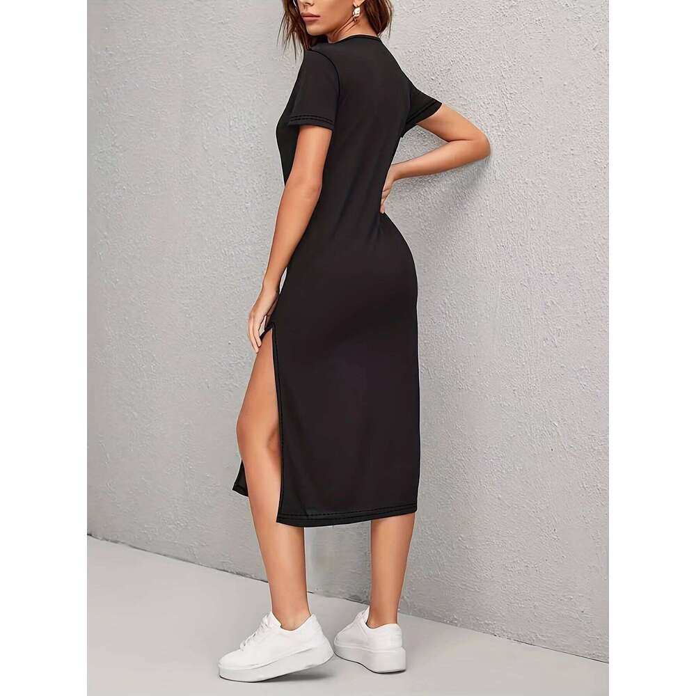Elegant Short-Sleeved Dress for Women, Side Slit Round Neck Design, Fashionable and Versatile Summer Women's Clothing XJ260225