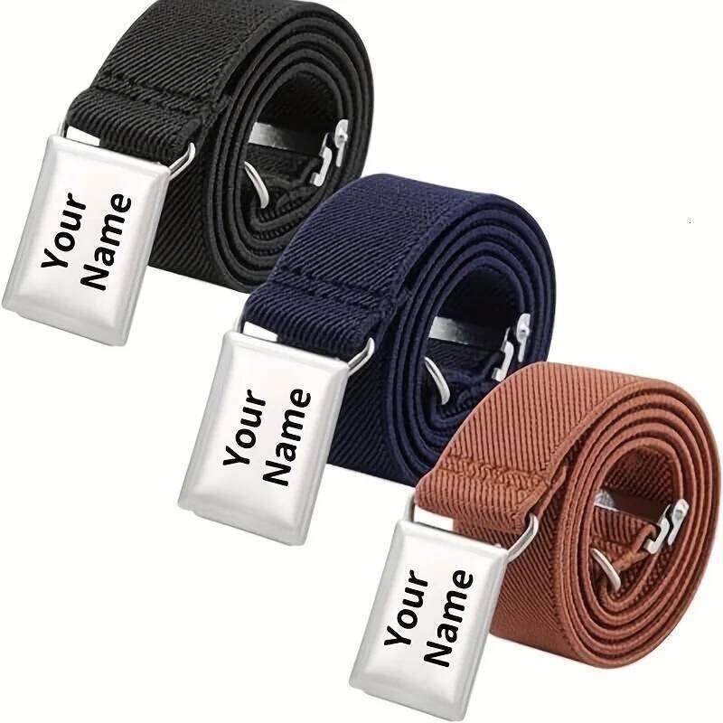 Customized Name Elastic Waist Belt Boys & Girls Solid Color Square Buckle Waistband Perfect for Casual Attire, Holiday Gifts Y260225