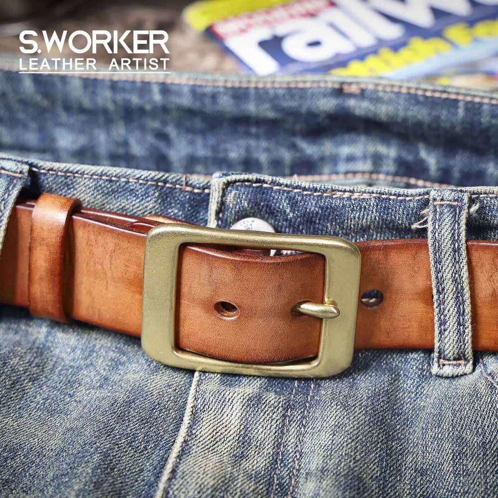 Vintage Genuine Leather Men's Belt Solid Brass Buckle, Handmade Casual Pin Buckle Thickened Italian Cowhide With Gift Box Y260225