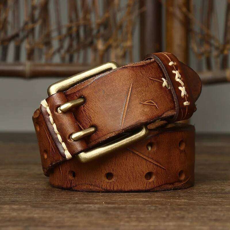 3.8CM Men's Retro Vintage Real Genuine Leather Double Needle Buckle Classic Hole Jeans Belt Cowboy Strap Y260225