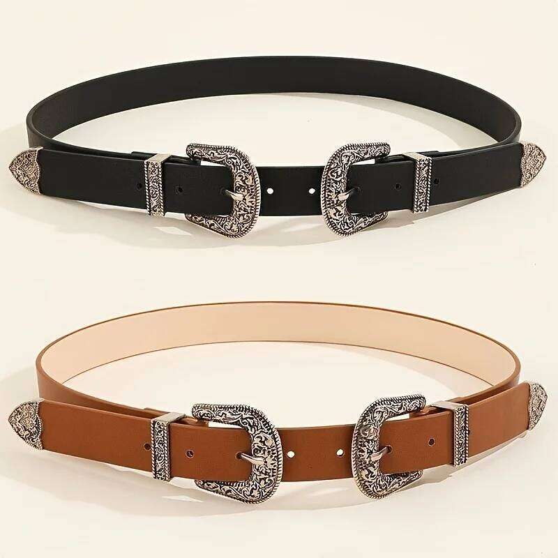 Women's Vintage Carved Men's Fashion Double Buckle Belt Hip Hop Rock Y2K Style PU Belt, Suitable for Men Women Y260225