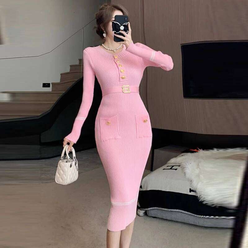 YuooMuoo Brand Fashion Knitted Long 2024 New Elegant O-neck Buttons Lace-up Pockets Bodycon Dress Lady Sweater Vestidos XJ260225