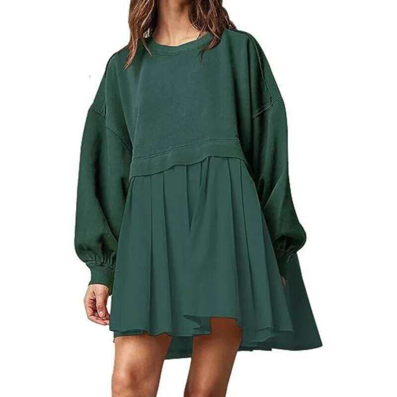 2024 Autumn Women's Sweatshirt Patchwork O-Neck Long Sleeve Oversize Loose Mini Casual Fashion Trendy Pleated Dress XJ260225