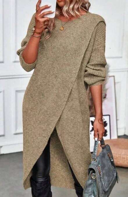 Women's Knitted 2023 Temperature Commuting Slim Fit Round Neck Irregular Long Sleeps Hand Woven Medium Pullover Dress XJ260225