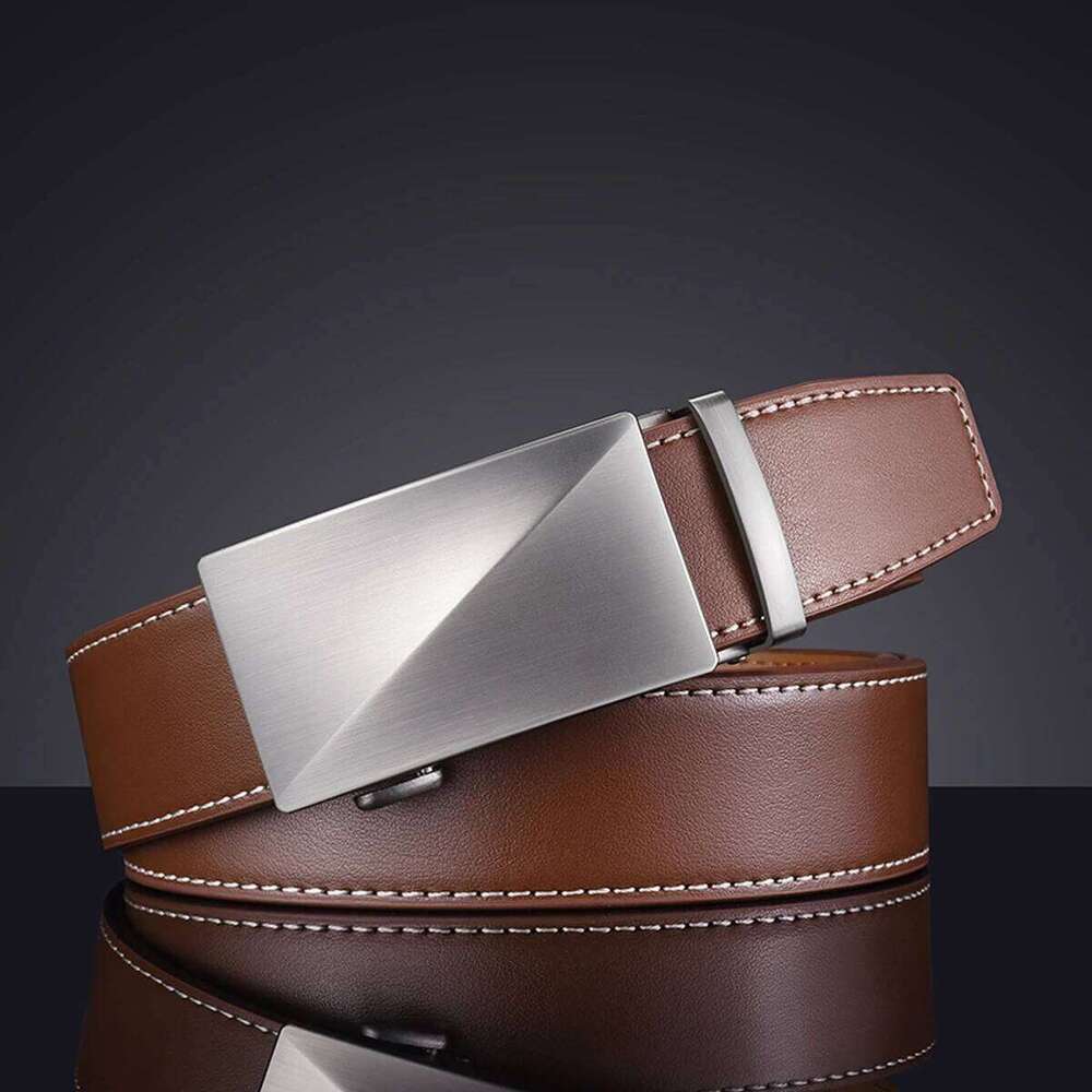 Men's cowhide business casual smooth belt, coffee brown genuine leather automatic blue middle-aged pants belt Y260225