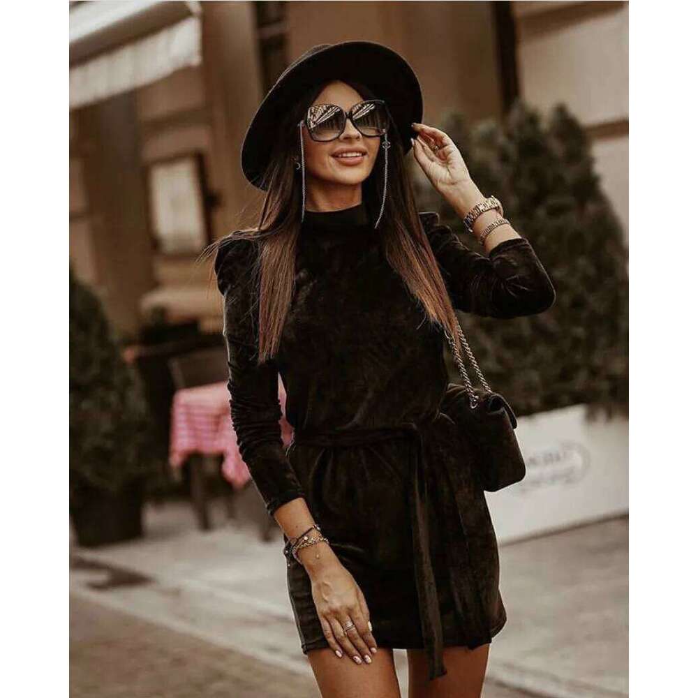 2026 Women Dresses Spliced Dress Lace Up Half High Collar Puff Sleeves Waist Cinched Knee Length Slim Casual Office Lady Autumn XJ260225
