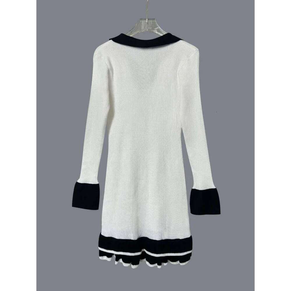 Elegant Colorblock Knitted Sweater Spring Clothes Women Long Sleeve Hem Ruffle Mini Dresses Female Slim Fit Knitting Dress XJ260225