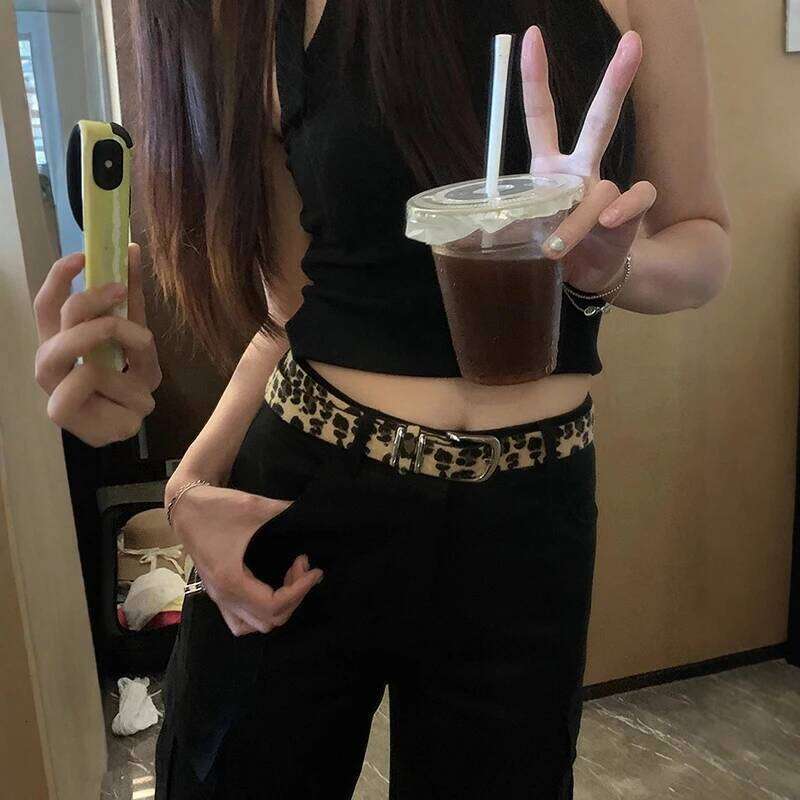 Y2K Retro Leopard Print Fashionable Women's Punk Alloy Buckle PU Leather Decorated Belt Y260225