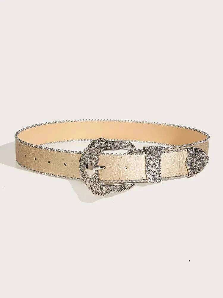PU Leather Western Cowboy Women Cowgirl Unisex Waist Belt with Metal Engraved Buckle Y260225