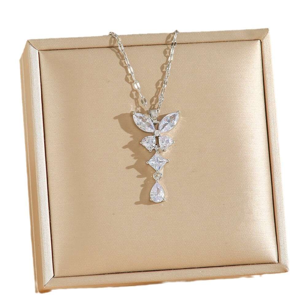 Tassel-style Full-diamond Butterfly Necklace For Women Non-fading Zircon Pendant Light Luxury High-end Collarbone Chain Jewelry