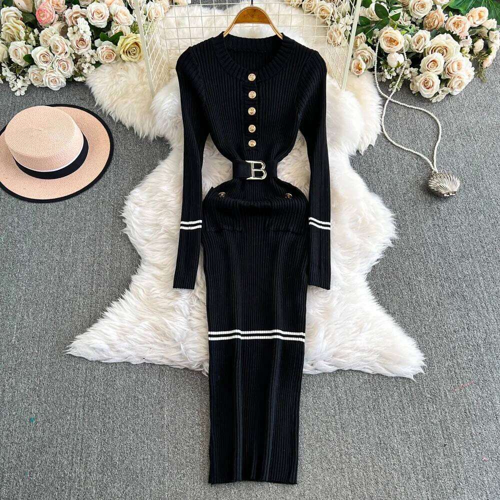 YuooMuoo Chic Fashion Sexy Package Hips Knitted Long 2025 Autumn Winter Women Elegant Black Bodycon Party Dress Streetwear XJ260225