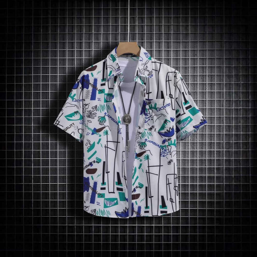 Men's Sleeve Shirt Breathable Summer Korean Style Trendy Printed Half Loose Cut Fits All Body Types, Perfect For Daily Outings And Beach Vacation