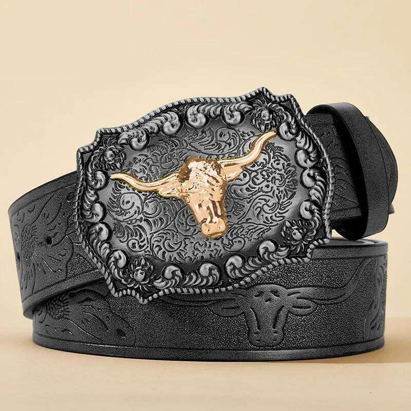 1pc New Men's Western Cowboy - Cool Handsome Black PU BELT Material Embossed Design and Stylish Alloy Buckle Men Belt Y260225